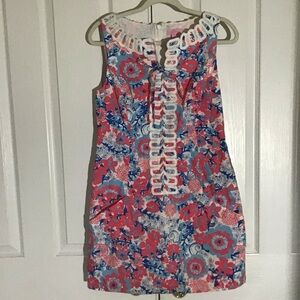 Lilly Pulitzer pink and blue floral dress with white trim 6